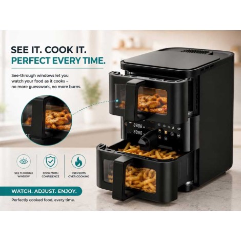 FEUER DUO Double Stack Digital Air Fryer | 2500W | 11L (4L + 7L) Family Size | A2PL Technology | Dual Viewing Windows | Oil-Free Air Fryer | LFGB Certified Germany | 100% Toxin Free | Black. FEUER DUO Double Stack Digital Air Fryer | 2500W | 11L (4L + 7L) Family Size | A2PL Technology | Dual Viewing Windows | Oil-Free Air Fryer | LFGB Certified Germany | 100% Toxin Free | Black.