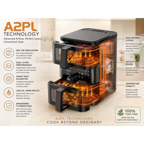 FEUER DUO Double Stack Digital Air Fryer | 2500W | 11L (4L + 7L) Family Size | A2PL Technology | Dual Viewing Windows | Oil-Free Air Fryer | LFGB Certified Germany | 100% Toxin Free | Black. FEUER DUO Double Stack Digital Air Fryer | 2500W | 11L (4L + 7L) Family Size | A2PL Technology | Dual Viewing Windows | Oil-Free Air Fryer | LFGB Certified Germany | 100% Toxin Free | Black.